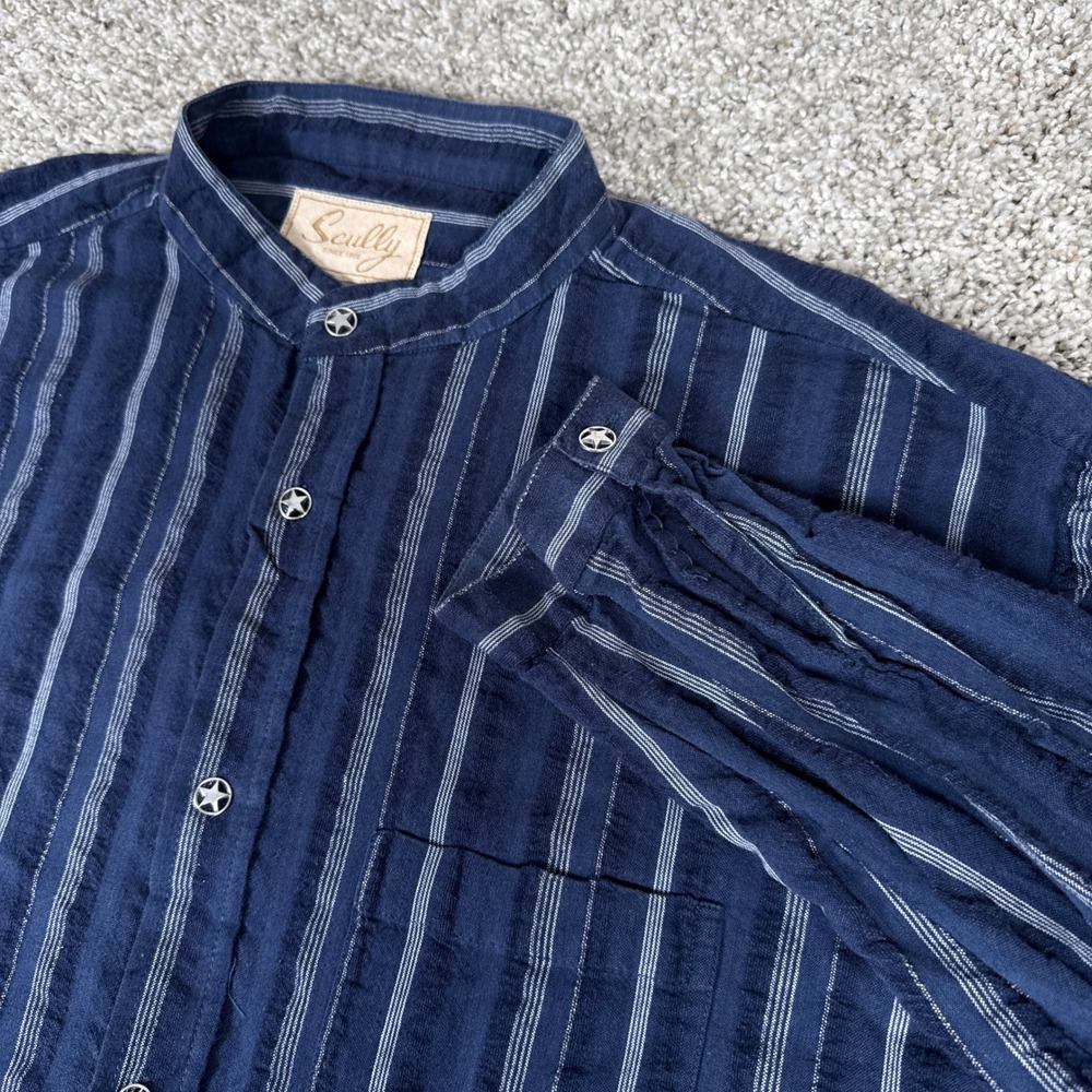 Scully Shirt Mens XL Navy Blue Striped Banded Collar Cotton Star Button Western